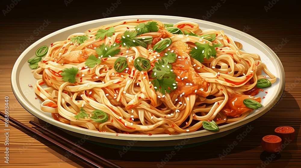 A Plate of Spicy Noodles with Sesame Seeds, Cilantro, and Chili Peppers A Plate of Spicy Noodles with Sesame Seeds, Cilantro, and Chili Peppers