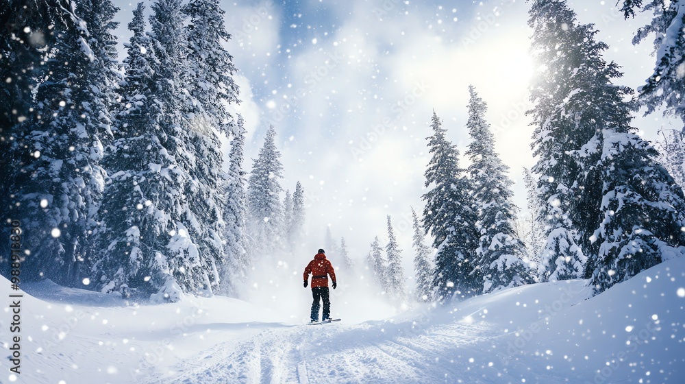 A snowboarder glides through a snowy forest, creating a trail in the snow. A snowboarder glides through a snowy forest, creating a trail in the snow.