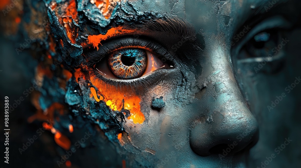 Obraz premium A face featuring a monster like eye and an abstract artistic facial design