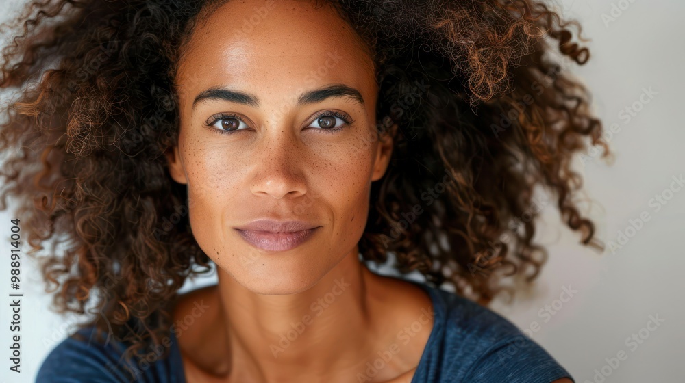 Individual portrait of a confident woman with curly hair Individual portrait of a confident woman with curly hair