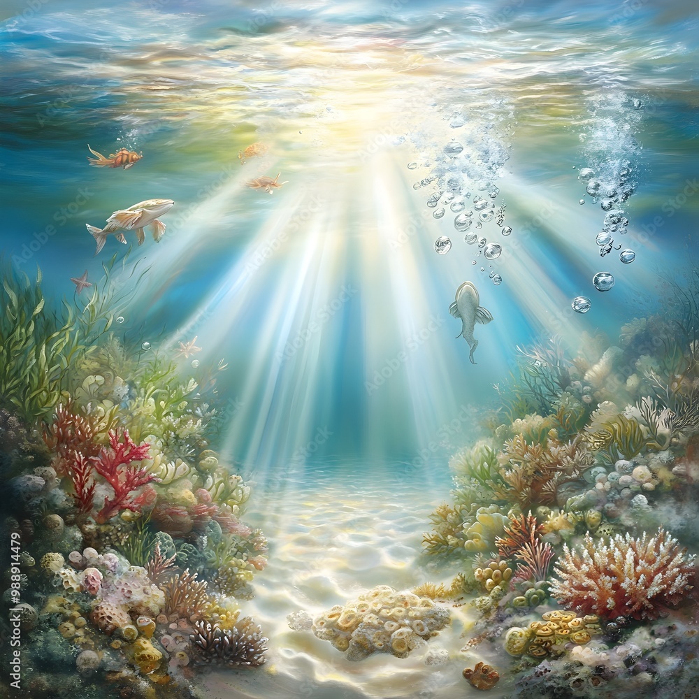 Fototapeta premium Enchanting Underwater Garden Vibrant Coral Reef with Playful Sea Creatures and Shimmering Sunlight