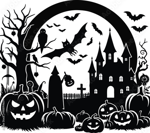 Set Of Happy Halloween Silhouettes Vector Illustration. Isolated On White Background.