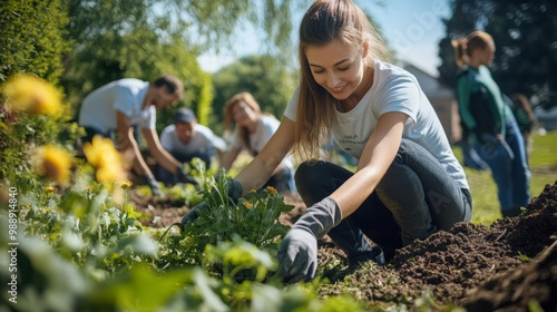 Friendly community service event with volunteers providing aid in a local park, showcasing a sense of unity and communal effort