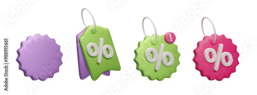Set of different 3D discount price tags vector render. Special offer tag, promo voucher, cashback coupon label, online sale percent sign badge sticker 3d vector icon set. Retail marketing notification