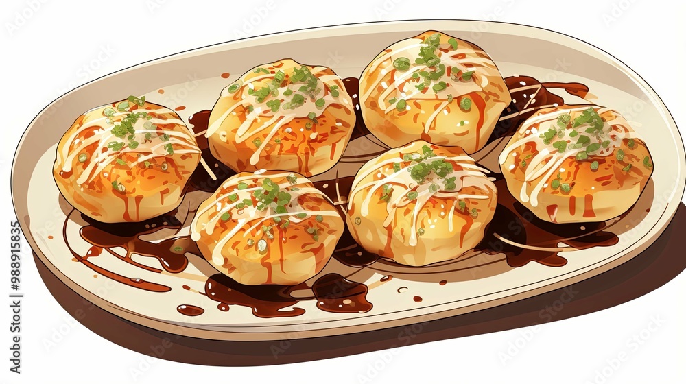 A plate of takoyaki, topped with mayonnaise, green onions, and sauce A plate of takoyaki, topped with mayonnaise, green onions, and sauce