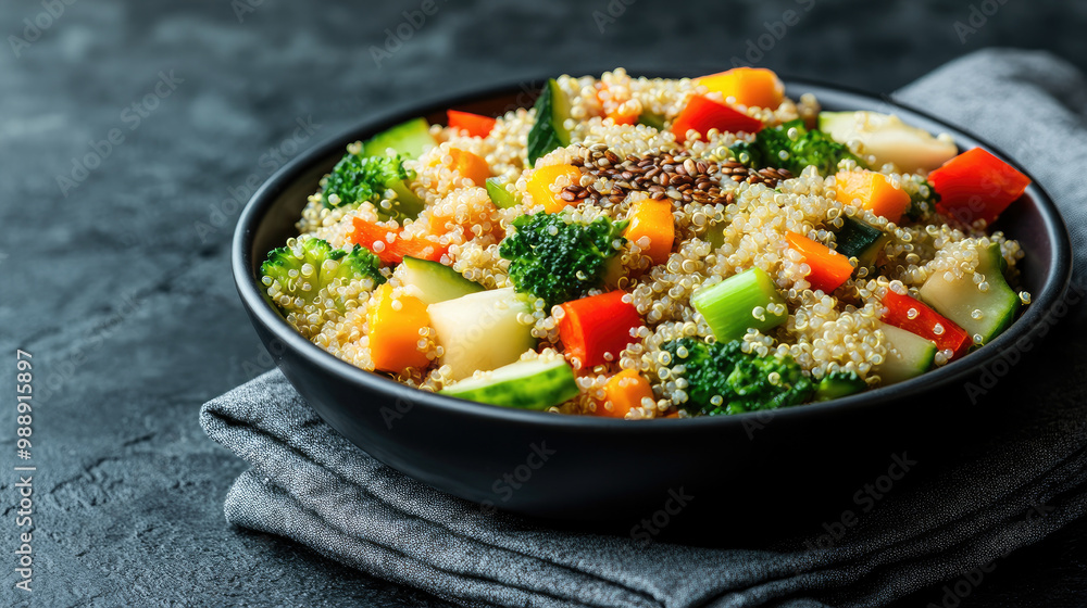 Vibrant quinoa salad, a colorful mix of fresh vegetables like broccoli, bell peppers, and cucumbers, topped with flaxseeds for a nutritious bite. Vibrant quinoa salad, a colorful mix of fresh vegetables like broccoli, bell peppers, and cucumbers, topped with flaxseeds for a nutritious bite.