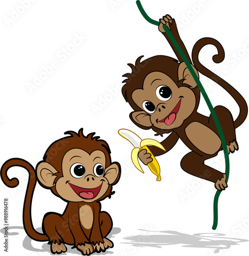 Cute Monkey Sitting Cartoon Vector Icon Illustration . Monkeys like to eat bananas. photo