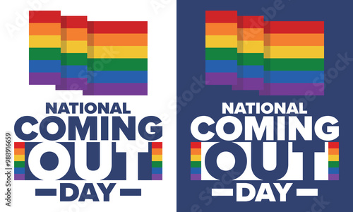 National Coming Out Day. Happy holiday. Pride month. LGBT rainbow flag. Diversity and equality. Gay and lesbian. Free love, heart shape. Illustration. Vector poster