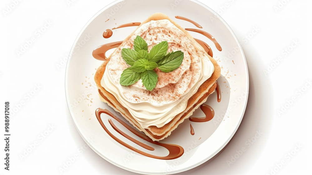 A Square Slice of Cake with Whipped Cream, Cinnamon, and Mint Garnish on a White Plate A Square Slice of Cake with Whipped Cream, Cinnamon, and Mint Garnish on a White Plate