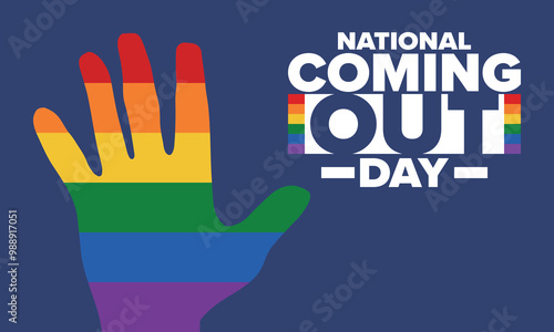 National Coming Out Day. Happy holiday. Pride month. LGBT rainbow flag. Diversity and equality. Gay and lesbian. Free love, heart shape. Illustration. Vector poster