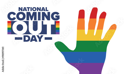 National Coming Out Day. Happy holiday. Pride month. LGBT rainbow flag. Diversity and equality. Gay and lesbian. Free love, heart shape. Illustration. Vector poster