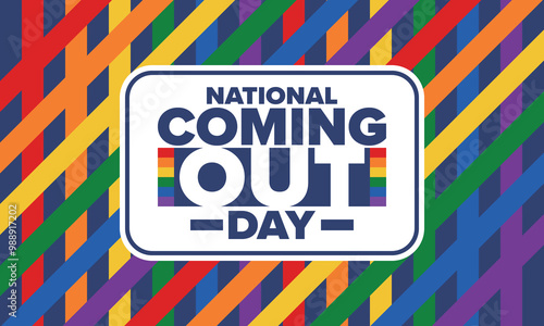 National Coming Out Day. Happy holiday. Pride month. LGBT rainbow flag. Diversity and equality. Gay and lesbian. Free love, heart shape. Illustration. Vector poster