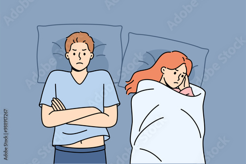Quarreling couple lies in bed with sad emotions after unsuccessful sexual intercourse due to impotence. Problem of developing phobia in girl who is victim of misogyny and gender discrimination at work