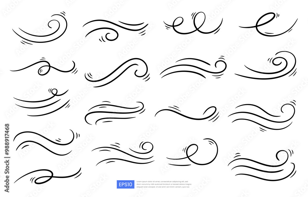Hand drawn doodle wind motion set featuring swirls, air blow, and smoke flow elements. Abstract, sketch style lines perfect for illustrating movement or airflow. Isolated vector for versatile use. Hand drawn doodle wind motion set featuring swirls, air blow, and smoke flow elements. Abstract, sketch style lines perfect for illustrating movement or airflow. Isolated vector for versatile use.