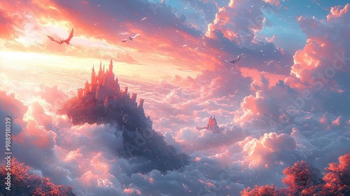 Fantastic illustration of a flying castle in the clouds with mythical creatures floating in the sky. A mixture of fantasy and imagination, showcasing a world of wonder and magic.