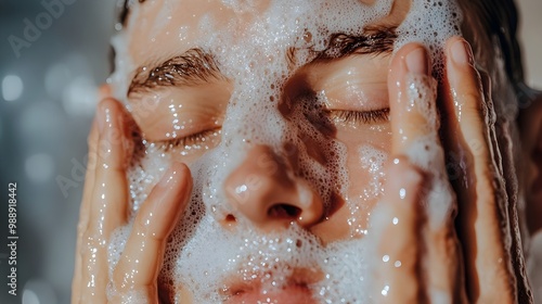 Messy Morning Skincare Routine of Careless Man Washing Face with Splashing Water photo