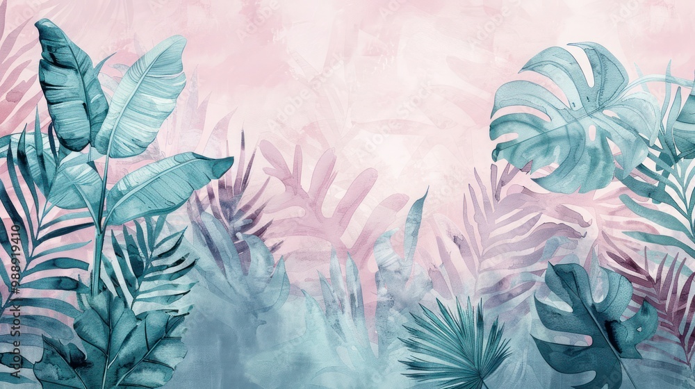 Abstract watercolor mural with a mix of tropical plant leaves, including ferns and philodendrons, in a modern pastel palette Abstract watercolor mural with a mix of tropical plant leaves, including ferns and philodendrons, in a modern pastel palette