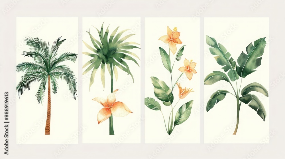 Obraz premium Aesthetic 4-pack wall art collection with delicate watercolor illustrations of palm trees, banana plants, monstera leaves, and a tropical flower.
