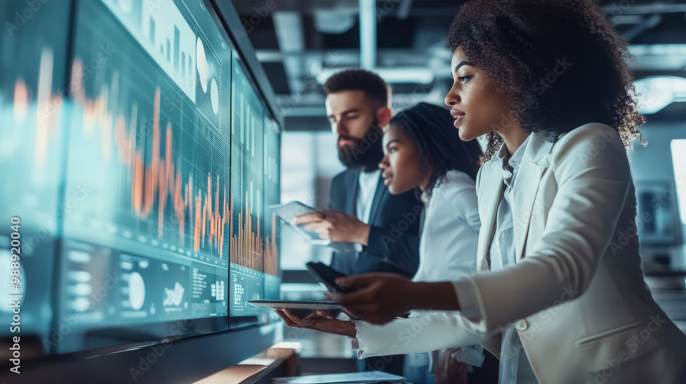 A group of young entrepreneurs analyzing business data in a sleek modern office A group of young entrepreneurs analyzing business data in a sleek modern office