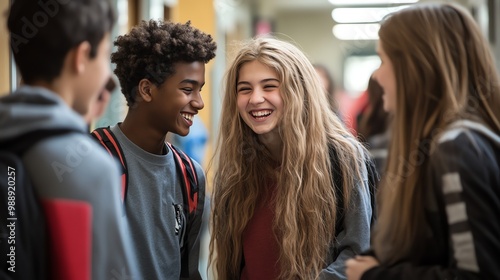 A group of high school students laughing together in the hallway.