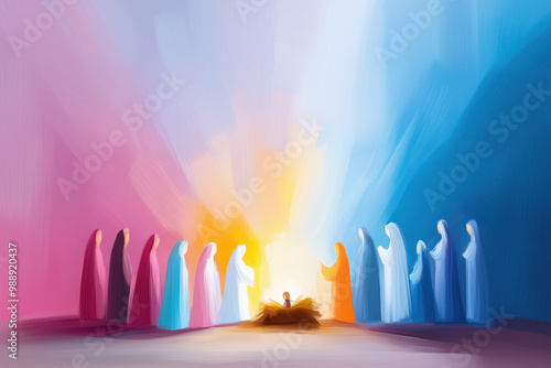 Impressionistic nativity scene with baby Jesus in a manger, surrounded by figures in flowing robes and radiant light. Spiritual and vibrant holiday art. photo