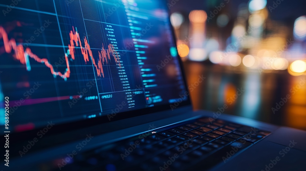 A laptop displaying stock market trends and financial data at night in a bustling urban setting A laptop displaying stock market trends and financial data at night in a bustling urban setting