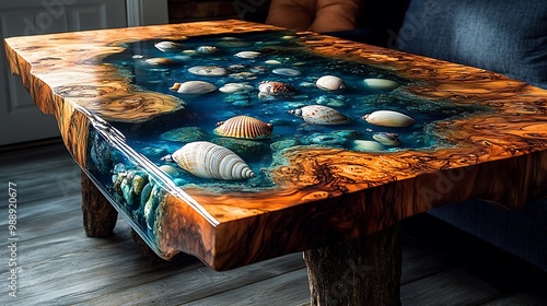 A tide pool-inspired wooden table with epoxy resin, vibrant blue and green resin filled with shells and stones, resin mimicking the beauty of a natural tide pool, flowing smoothly with the wood grain,