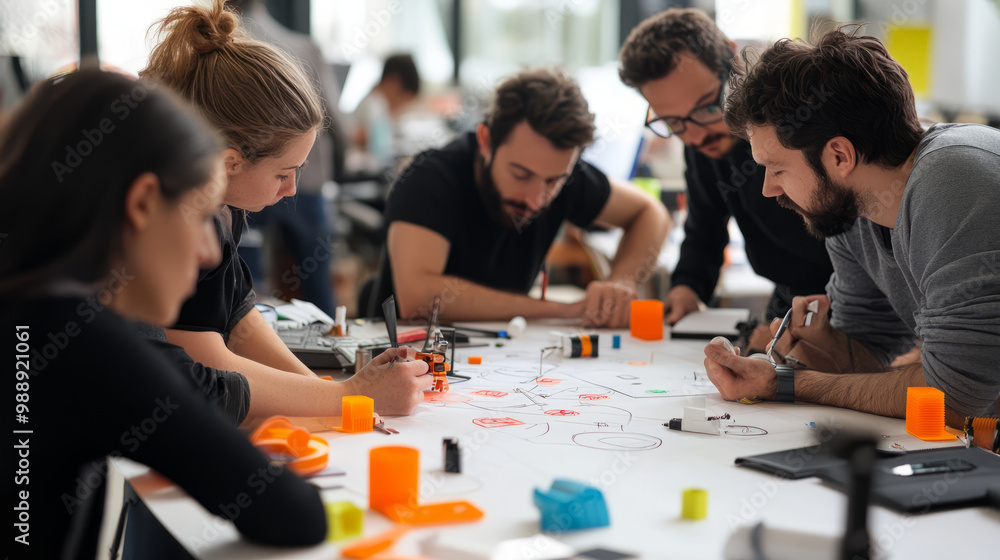 Fototapeta premium A team of designers and engineers creating prototypes for a disruptive product