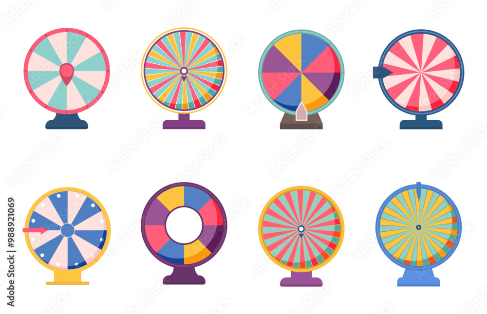 Lucky wheel collection in cartoon style for casino. Fortune wheels icons. Roulette, wheel of fortune Lucky wheel collection in cartoon style for casino. Fortune wheels icons. Roulette, wheel of fortune