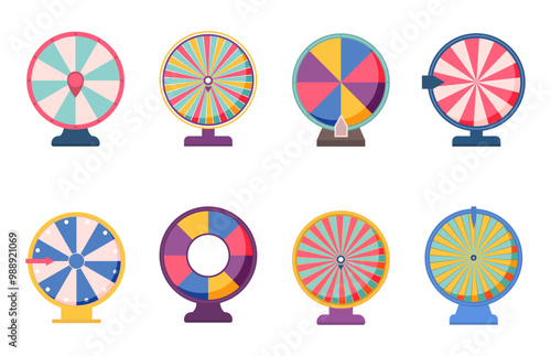 Lucky wheel collection in cartoon style for casino. Fortune wheels icons. Roulette, wheel of fortune