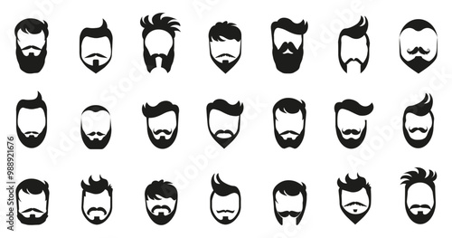 Man beard and haircut emblems icons collection for barbershop. Set of hipster hair style and beards style