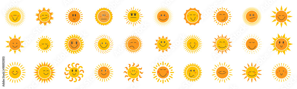 Set of sun smile emotion icons in cartoon style Set of sun smile emotion icons in cartoon style