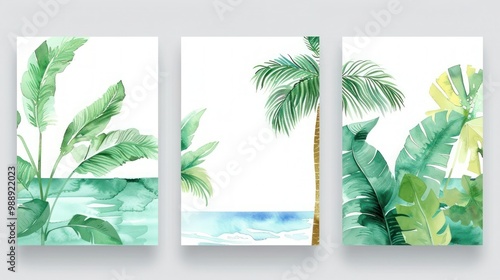 Four-pack wall art collection with a tropical theme, including minimalist watercolor paintings of palm trees, banana leaves, monstera foliage, and a calming sea scene.