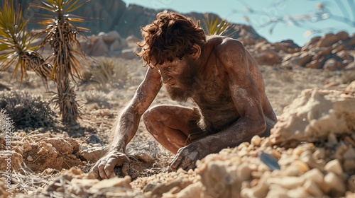 Fototapeta Naklejka Na Ścianę i Meble -  Early human Homo habilis unearthing a precious resource from the ground in a rugged, sunlit landscape, showing ingenuity and survival skills