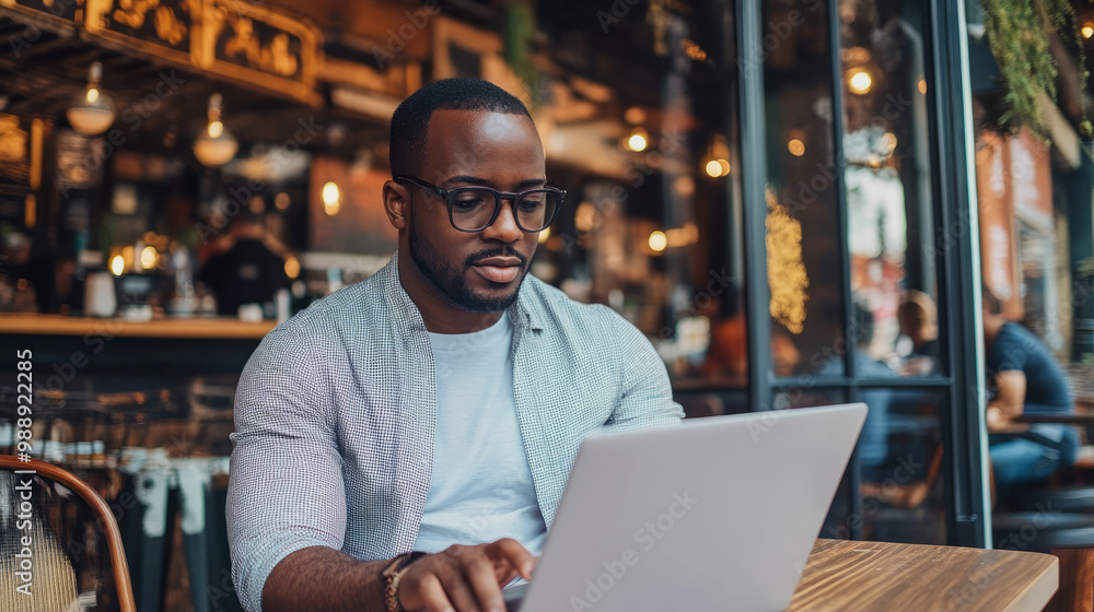 Fototapeta premium An entrepreneur reviewing market trends on a laptop while sitting in a cafe
