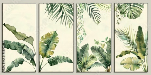 Four-piece wall art set with modern watercolor paintings of palm trees, banana leaves, monstera leaves, and a tropical vine in muted tones. photo