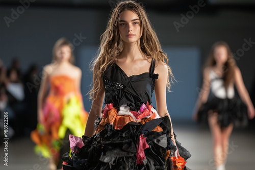 A runway showcase featuring innovative designs made from recycled materials, highlighting sustainable fashion trends.