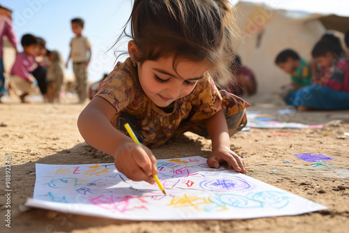 A poignant scene of children creating colorful drawings with messages of peace in a refugee camp, highlighting resilience.