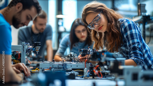 Engineers and designers working on robotics projects in a high-tech innovation lab