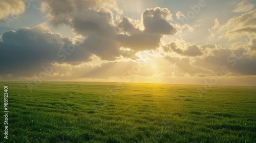 Sun through clouds, casting a golden light over a green field