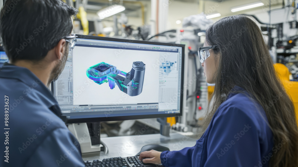 Engineers refining product designs with cutting-edge technology and data analysis tools Engineers refining product designs with cutting-edge technology and data analysis tools