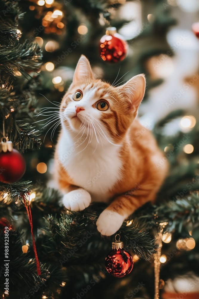 Obraz premium Adorable ginger cat climbed onto decorated festive Christmas tree. Playful curious red cat sits comfortably among branches and glowing garland lights. Holiday mischief and joy. Vertical wallpaper