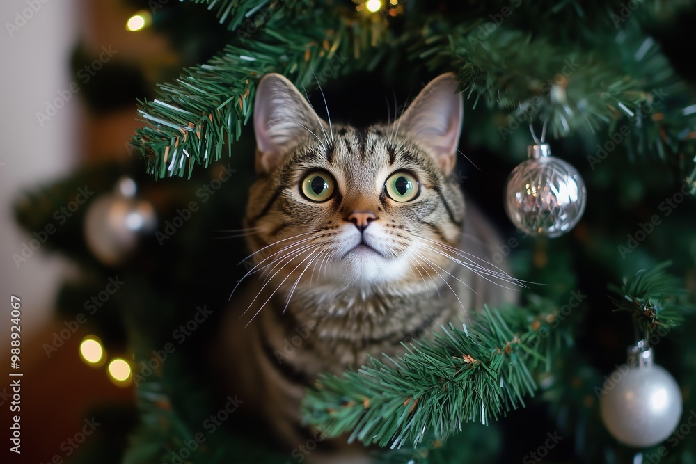 Obraz premium Adorable cat climbed onto decorated festive Christmas tree. Playful curious kitty sits comfortably among branches and glowing garland lights. Holiday mischief and joy, for poster greeting card, banner