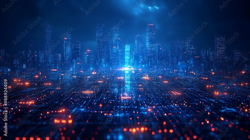 Futuristic digital city skyline with glowing lights and data streams. Futuristic digital city skyline with glowing lights and data streams.