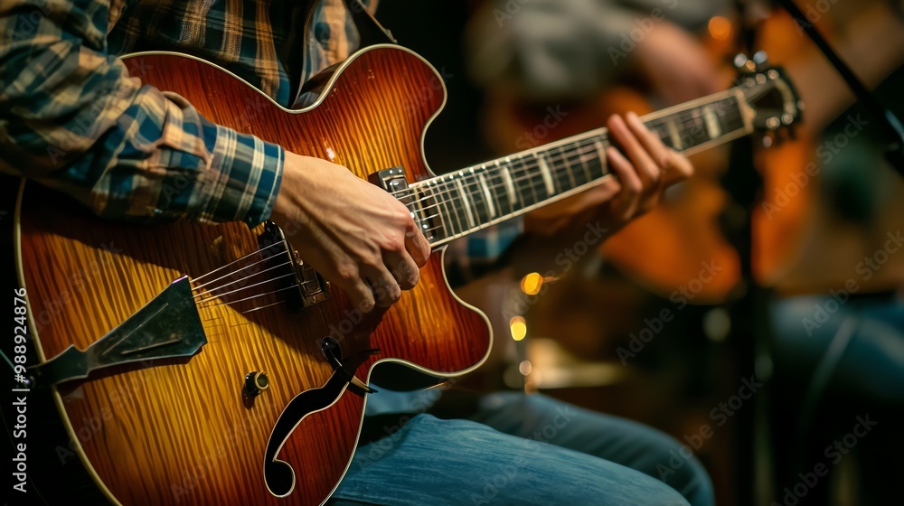 A man plays a guitar. A man plays a guitar.