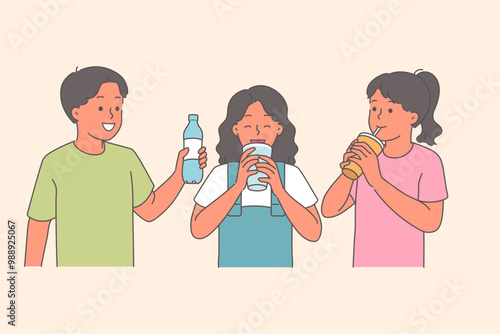 Small children drink water and lemonade to refresh themselves after walk in summer weather
