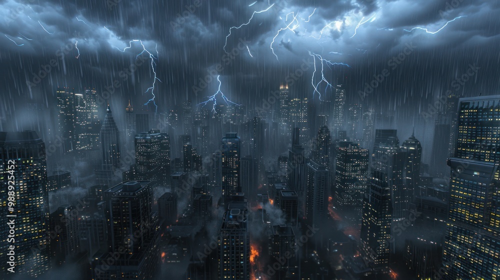 Fototapeta premium High-definition city storm, with detailed lightning strikes and glowing buildings