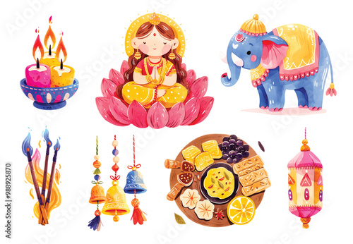 Diwali clipart Set. Watercolor illustration of Diwali symbols and characters for design. Ganesha, diya, lotus, Diwali mithai, sweets, marigold garland