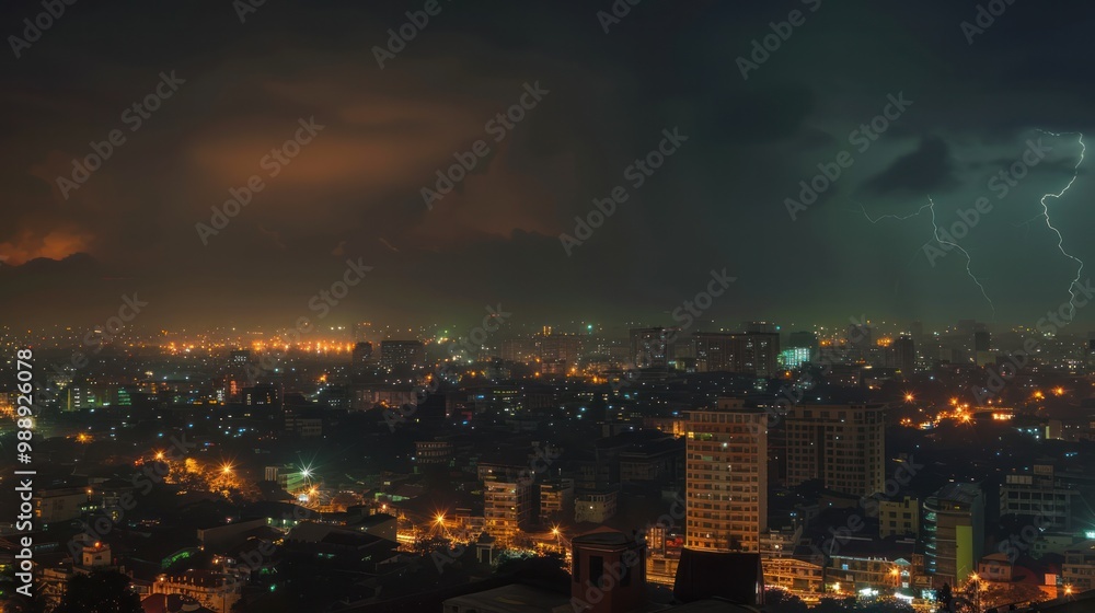 Obraz premium City view with lightning striking multiple buildings, lighting up the night sky