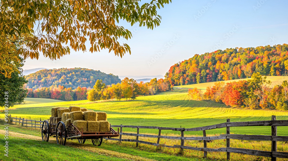 Obraz premium Scenic autumn landscape with a hay wagon in a rural field surrounded by colorful trees and rolling hills under a clear blue sky